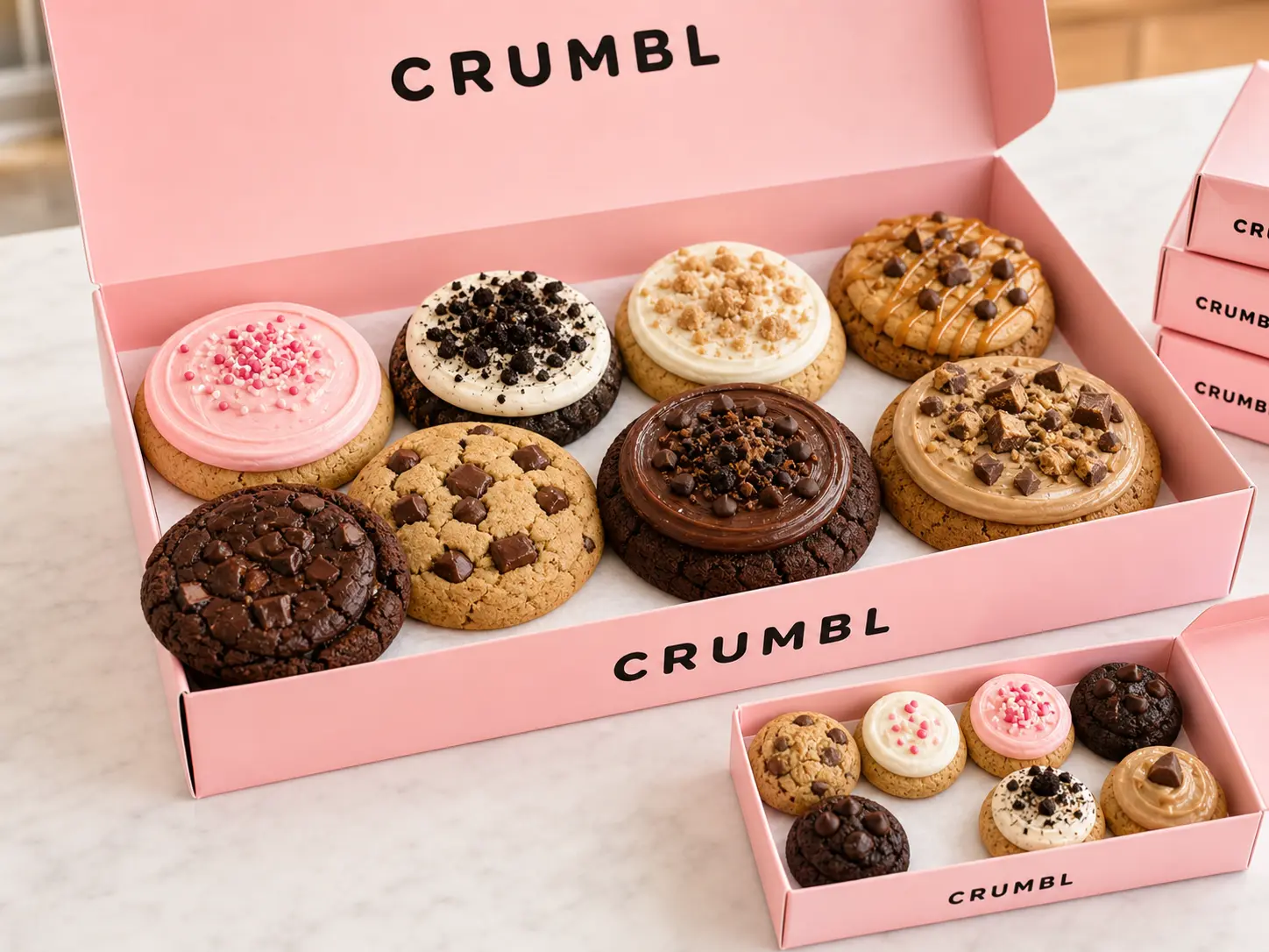Assorted Crumbl-style frosted cookies and minis arranged in branded pale pink catering boxes